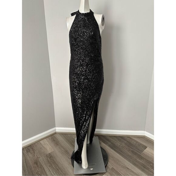 NWT Nookie High Halter Neck Bow Side Split Sequin Charisma Gown Black Size Large - Picture 4 of 10